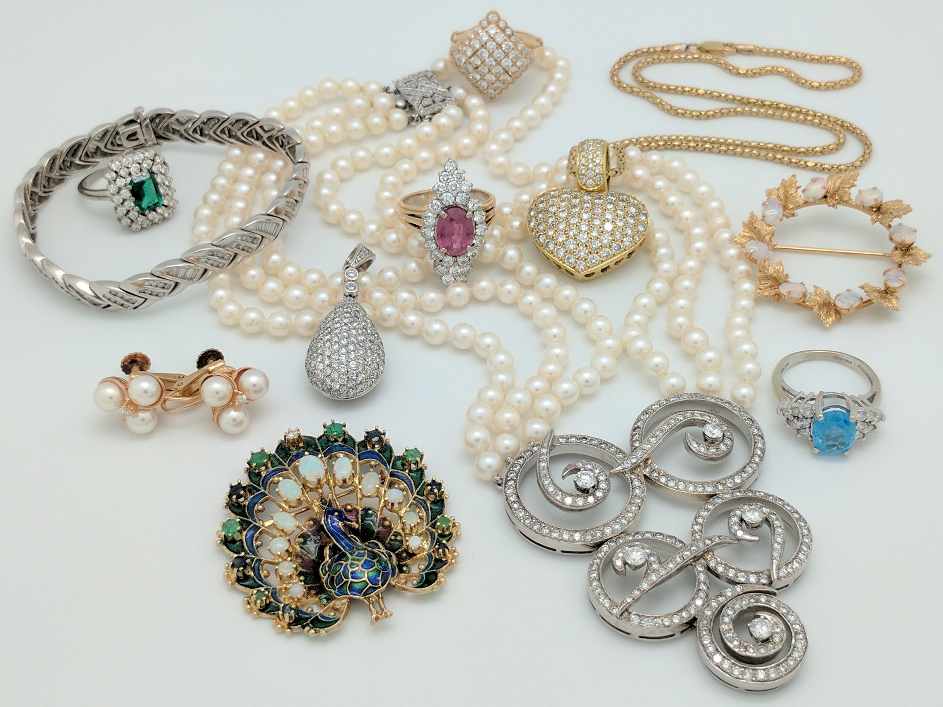 An assortment of jewelry, ranging from pearls to diamonds